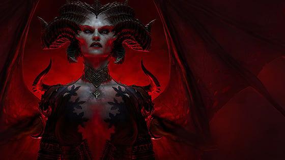 《十大菠菜台子》角色莉莉丝的艺术渲染, 一个恶魔般的女人，在血红色的背景下长着翅膀.